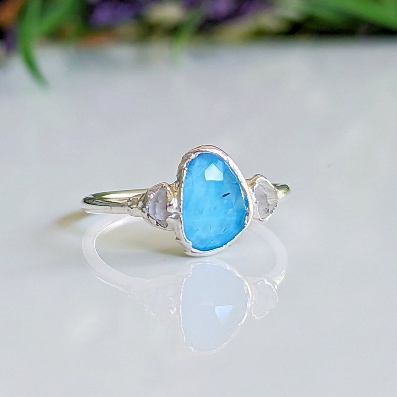 Blue Topaz and Herkimer diamond engagement ring in Sterling Silver