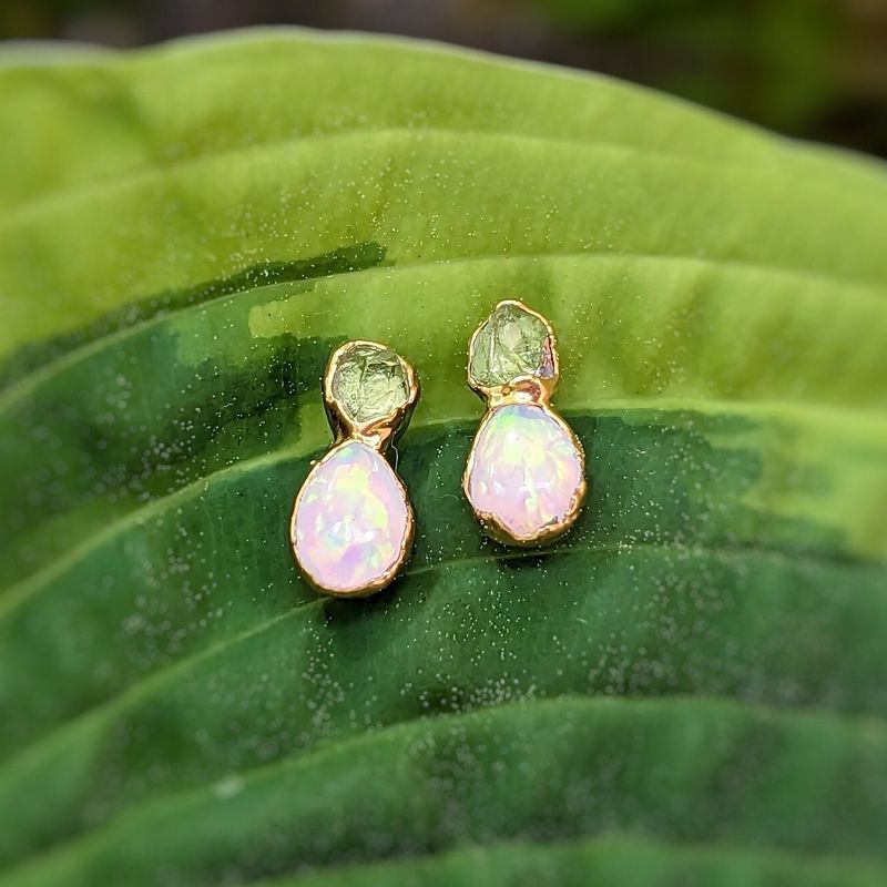 Raw Peridot and Opal stud earrings