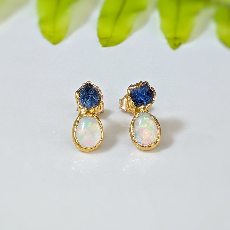 Raw Sapphire and Opal stud earrings