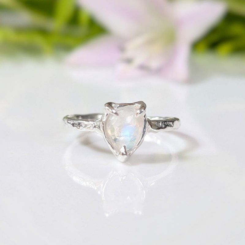 Rainbow Moonstone textured ring in Solid 14k Gold