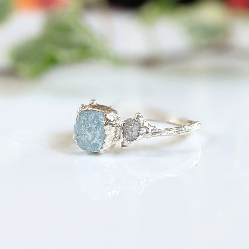 Bague brindille aigue-marine brute & diamants