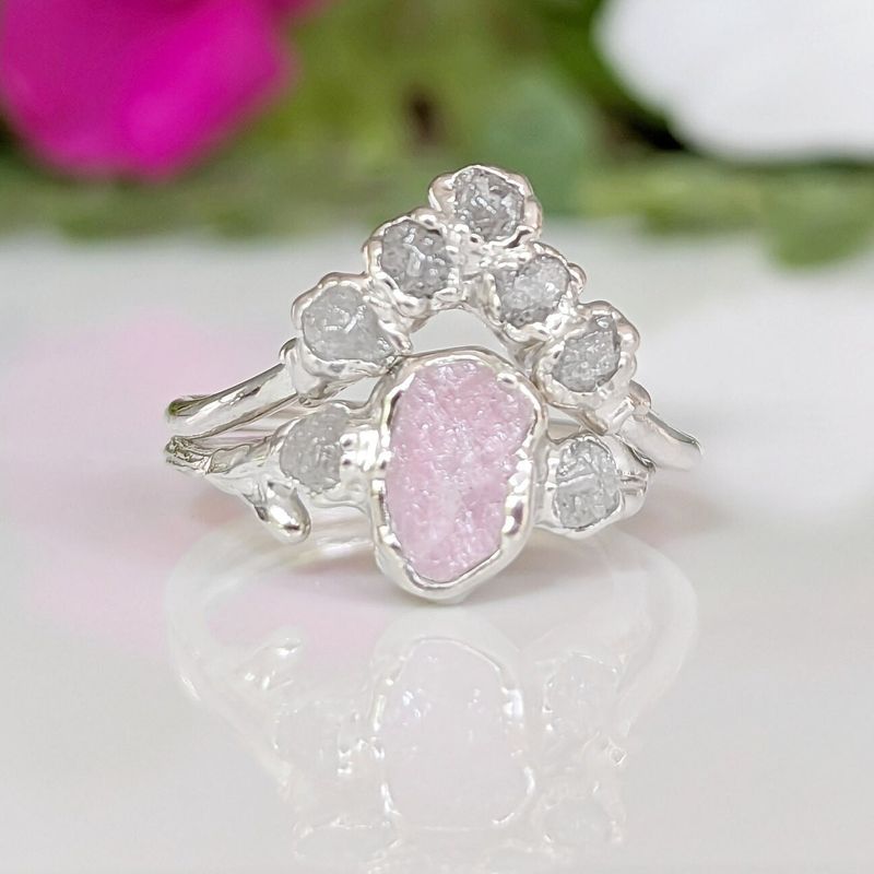 Raw Pink Morganite and diamond wedding ring set
