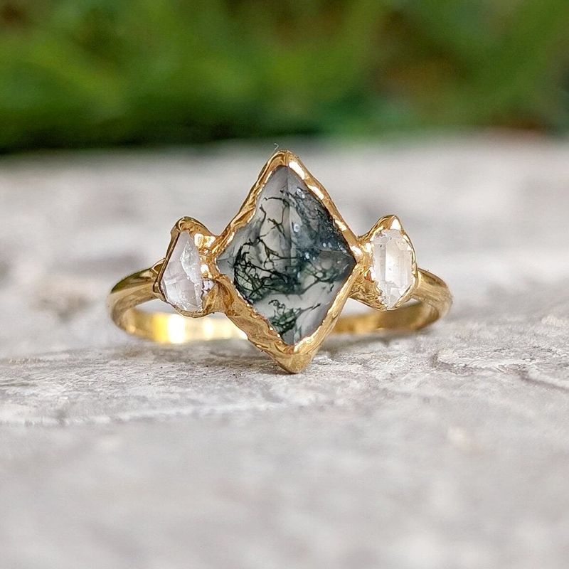 Moss Agate and Herkimer diamond engagement ring - Lozenge shape Moss Agate ring