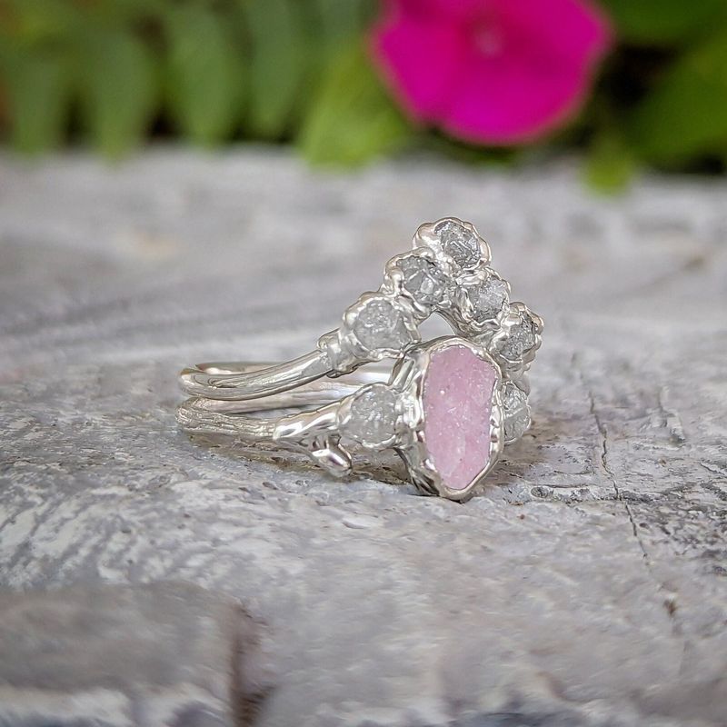 Raw Pink Morganite and diamond wedding ring set
