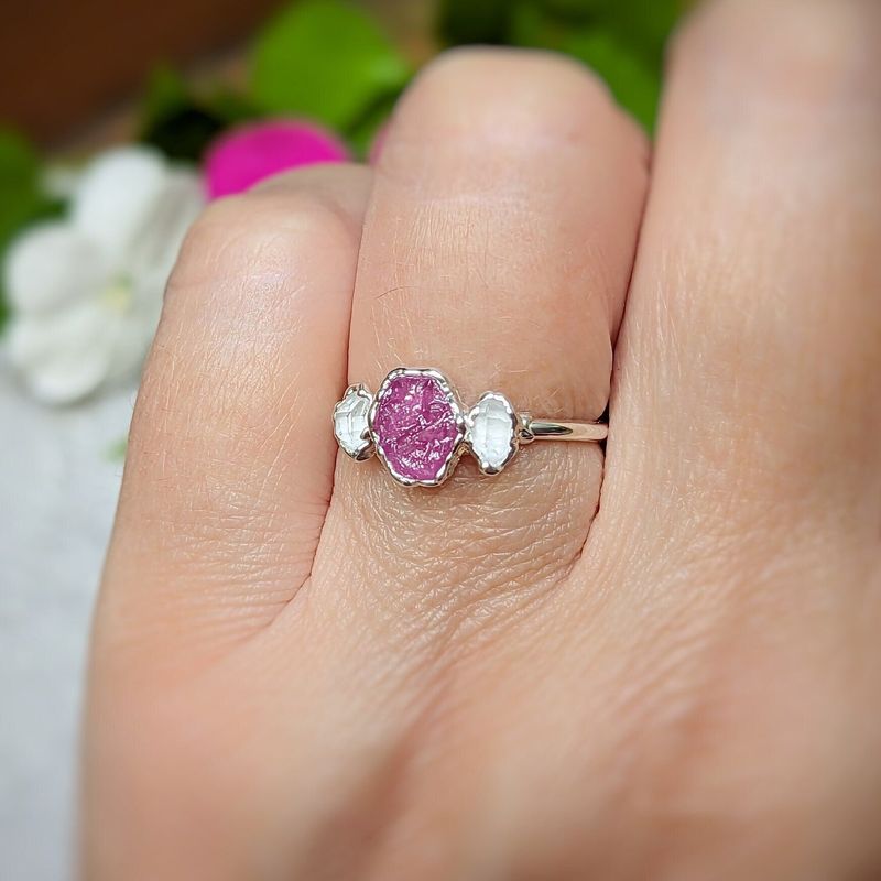 Raw pink Sapphire and Herkimer diamond engagement ring