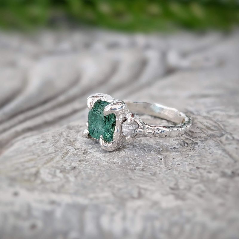 Raw Emerald and diamond engagement ring in Solid Sterling Silver