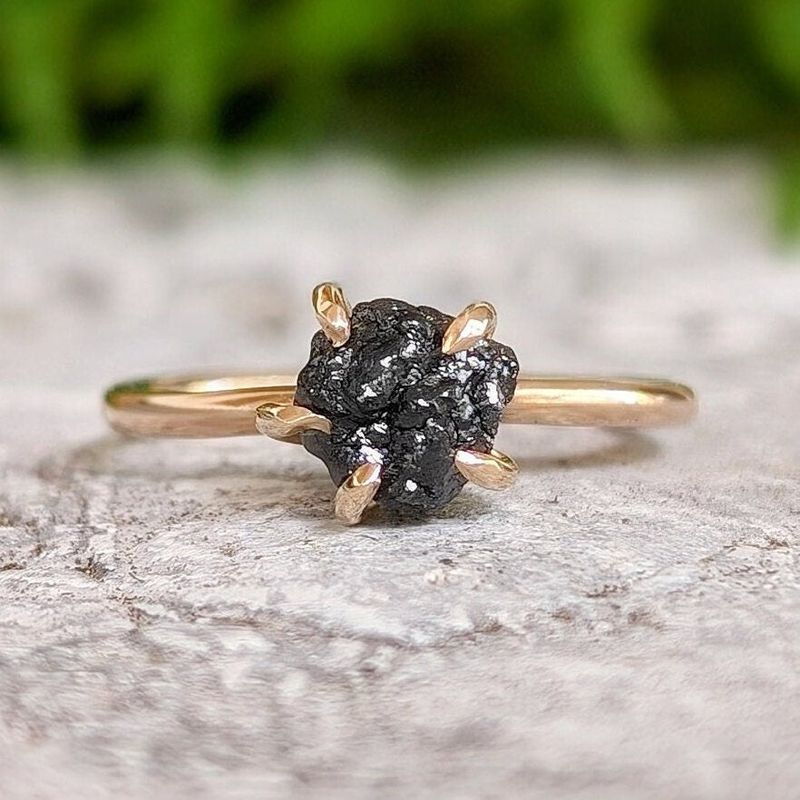 Raw black diamond engagement ring - Solid 14k Gold rough uncut black diamond ring