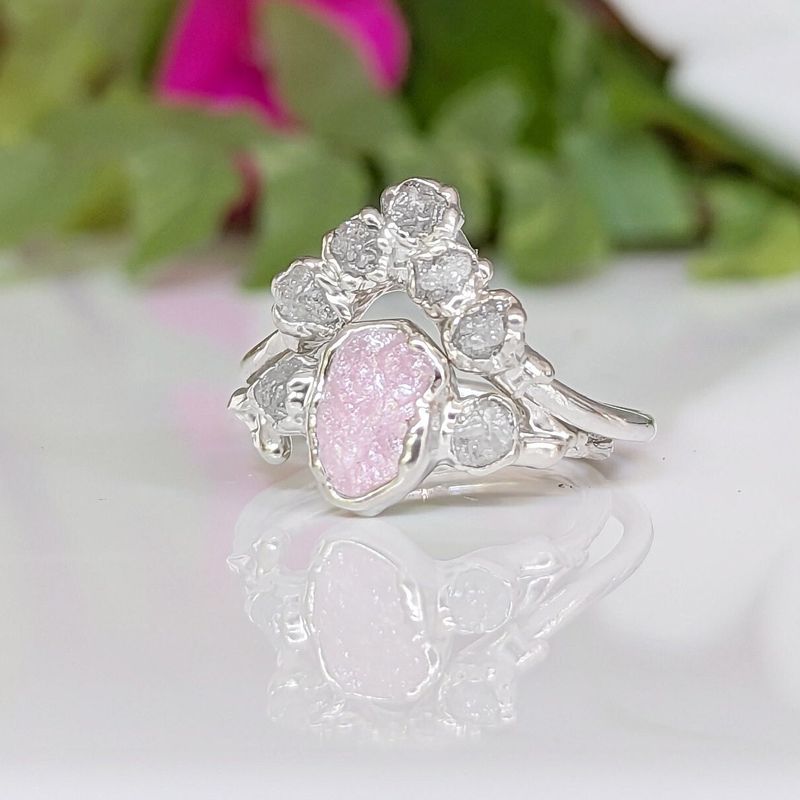 Raw Pink Morganite and diamond wedding ring set