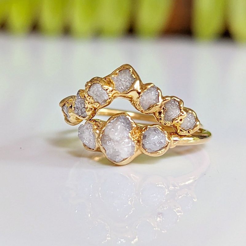 Raw diamond wedding ring set in Solid 18k Gold