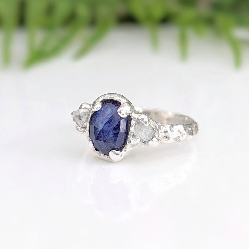 Blue Sapphire and raw diamond engagement ring in Solid Sterling Silver