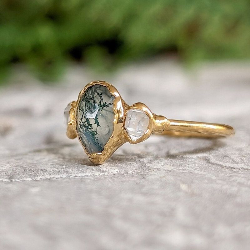 Moss Agate and Herkimer diamond engagement ring - Pear shape Moss Agate ring