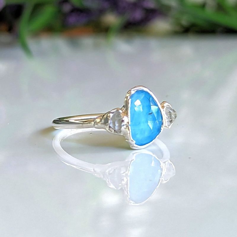 Blue Topaz and Herkimer diamond engagement ring in Sterling Silver