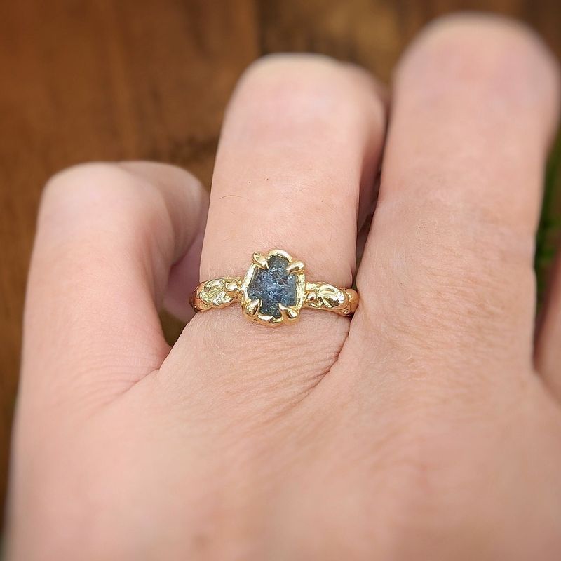 Raw Montana Sapphire engagement ring in Solid 14k Gold