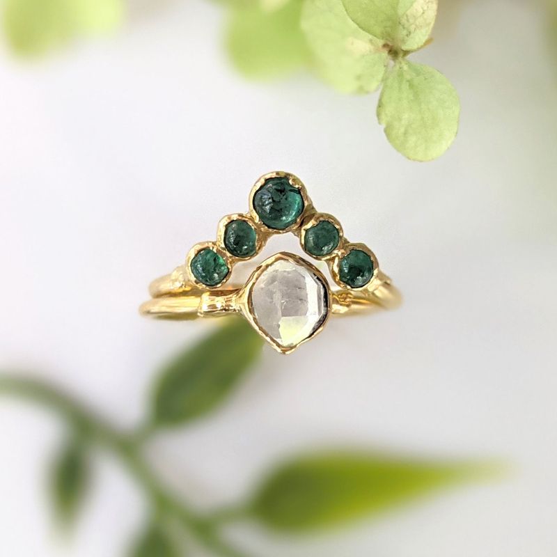 Emerald and Herkimer diamond wedding ring set