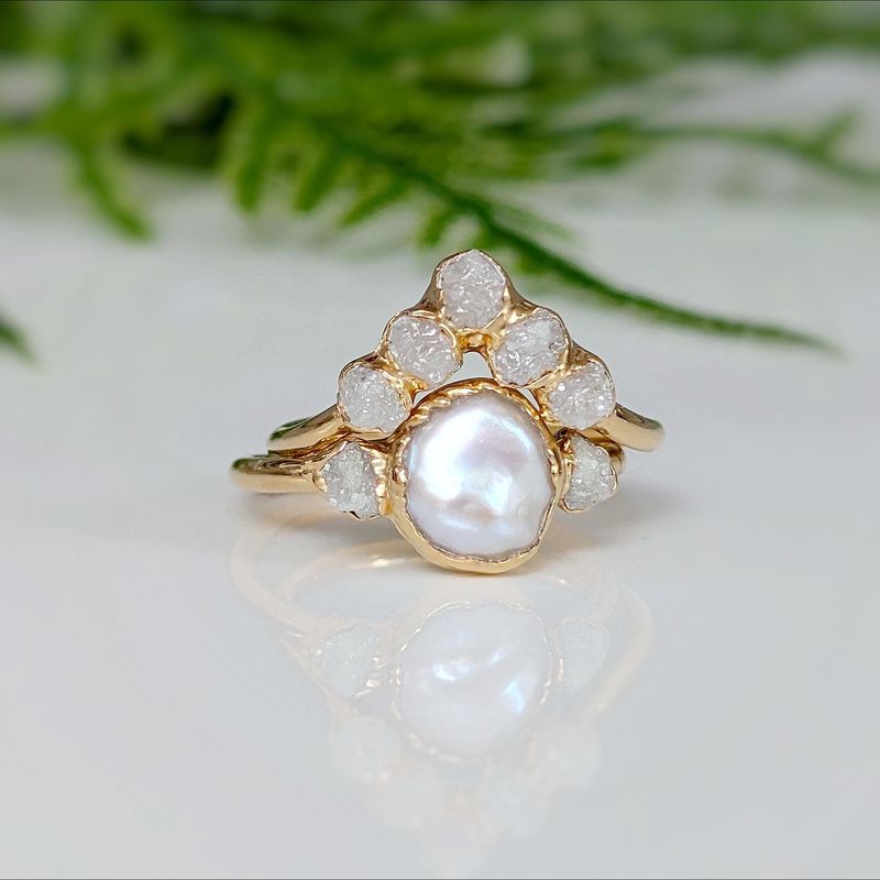 Freshwater pearl and raw diamond engagement ring