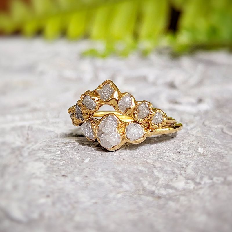 Raw diamond wedding ring set in Solid 18k Gold