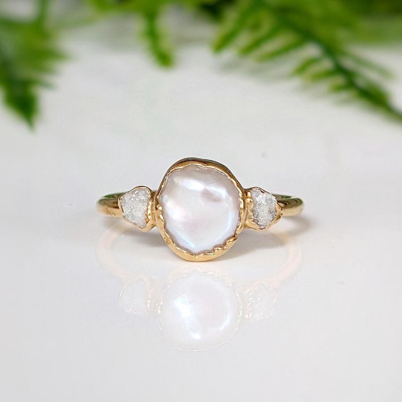 Freshwater pearl and raw diamond engagement ring