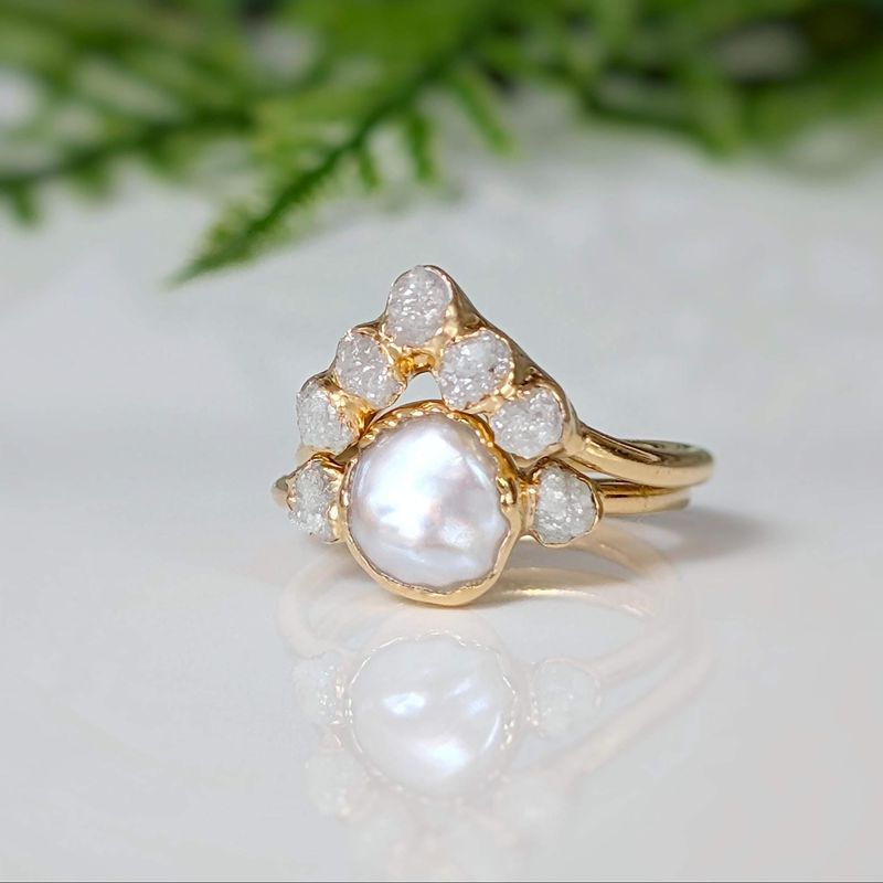 Freshwater Pearl and Raw Diamond Wedding ring set
