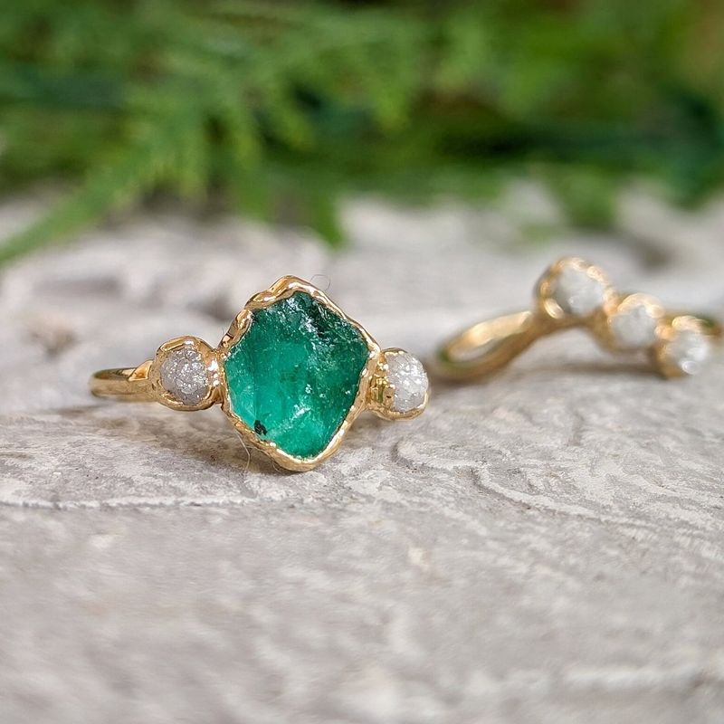 Raw Emerald and rough diamond Chevron wedding ring set
