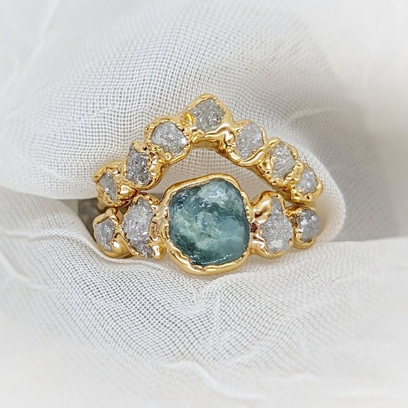Raw Montana Sapphire and diamond ring set