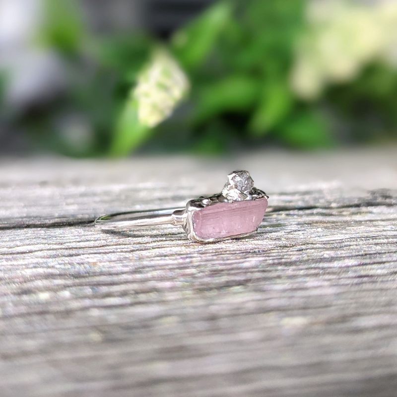 Raw pink tourmaline and rough diamond ring