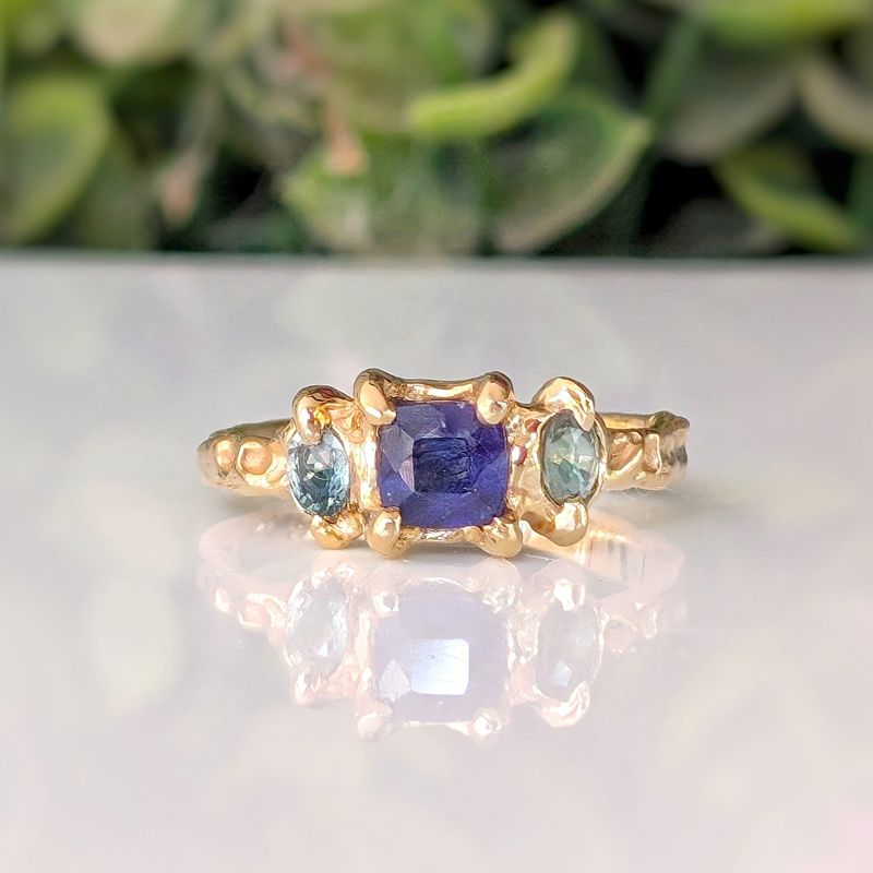 Blue Sapphire and Tourmaline engagement ring in Solid 14k Gold