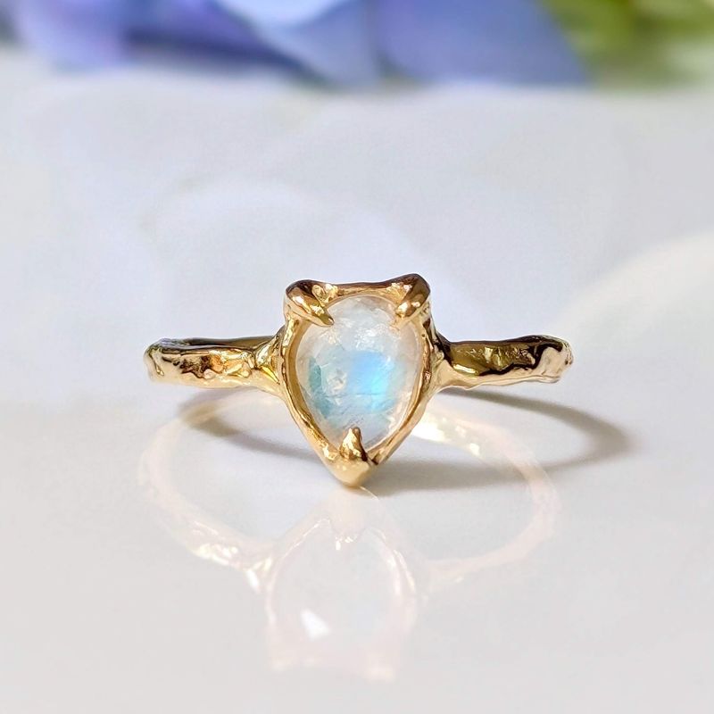 Rainbow Moonstone textured ring in Solid 14k Gold