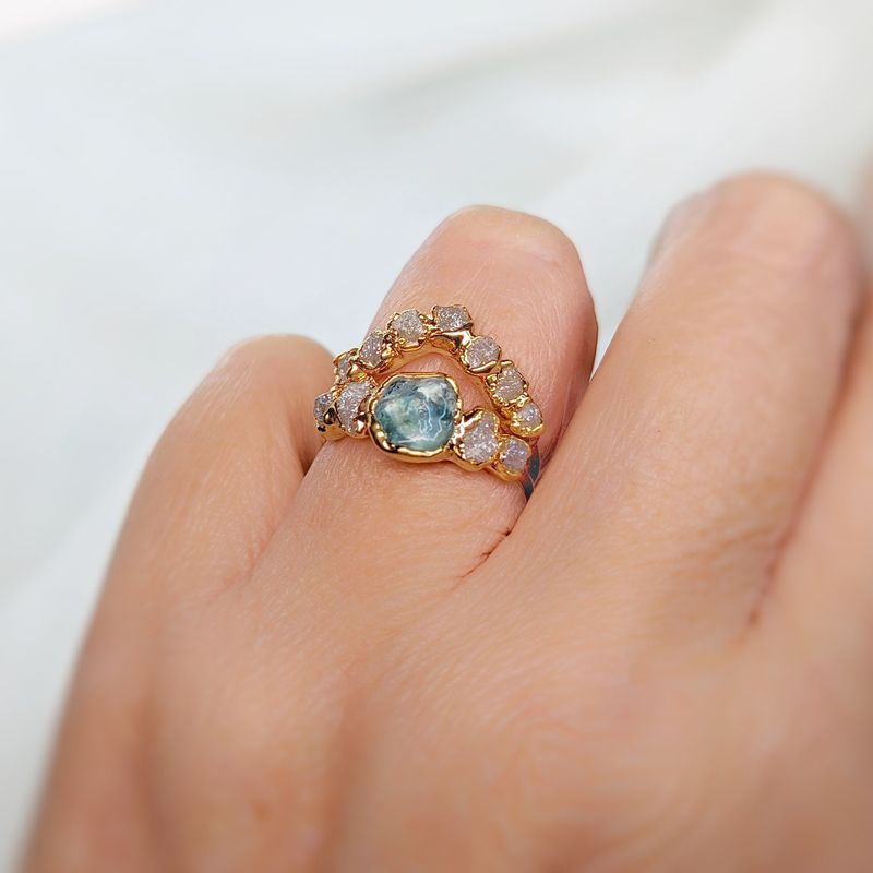 Raw Montana Sapphire and diamond ring set