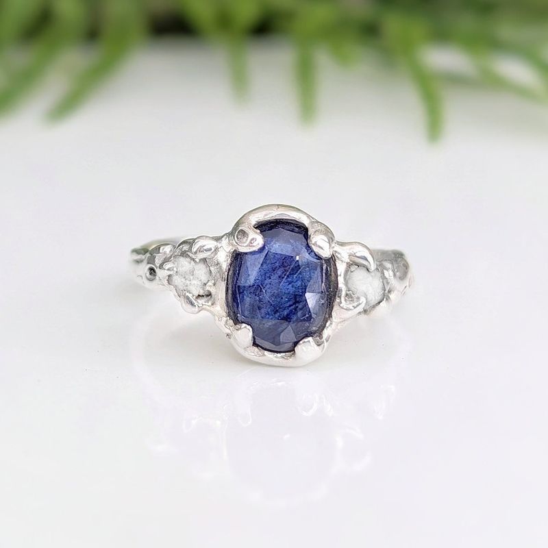 Blue Sapphire and raw diamond engagement ring in Solid Sterling Silver