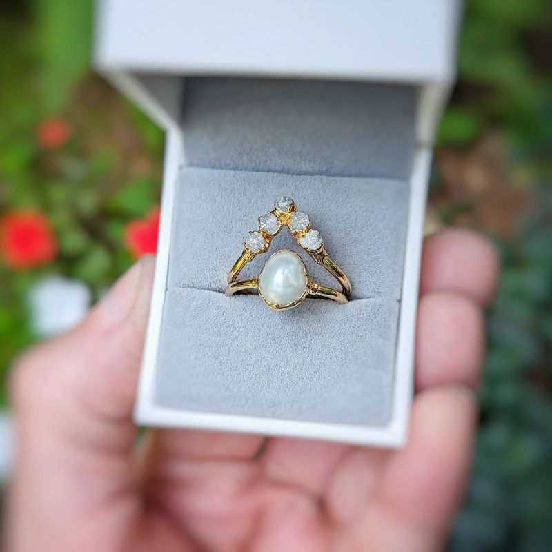 Freshwater Pearl & Raw Diamond Chevron wedding ring set in Solid 14k Gold