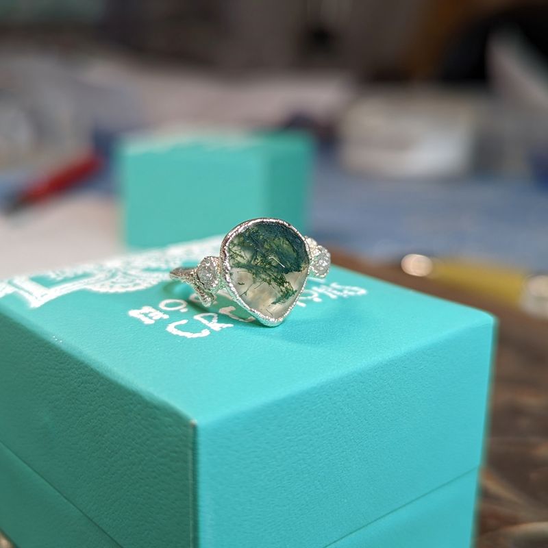 Moss Agate and Raw diamond ring