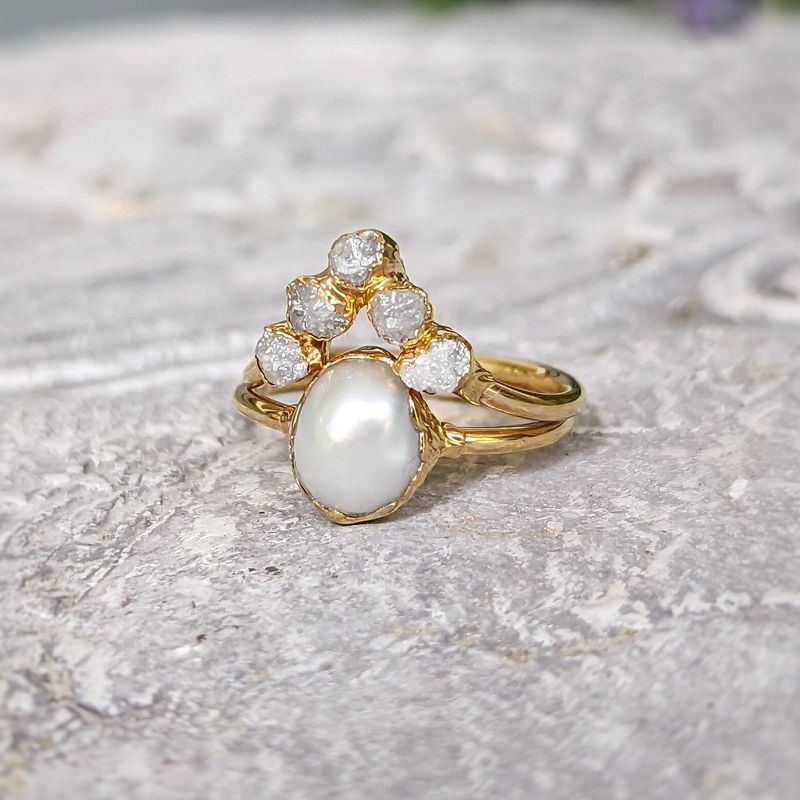 Freshwater Pearl & Raw Diamond Chevron wedding ring set in Solid 14k Gold