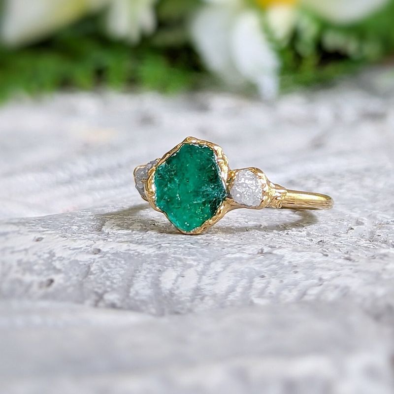 Raw Emerald and diamond Chevron bridal ring set