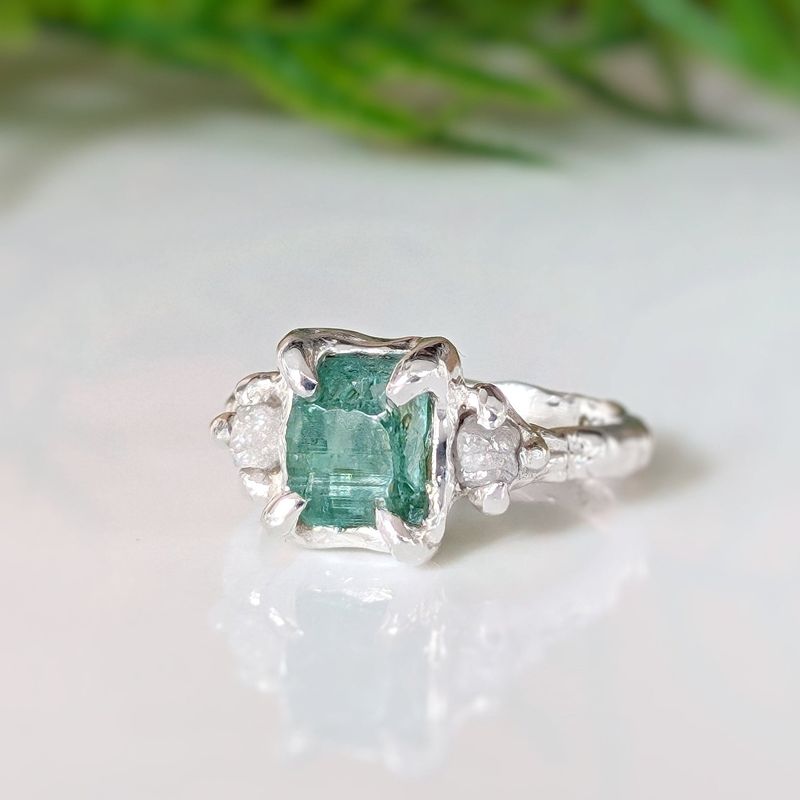 Raw Emerald and diamond engagement ring in Solid Sterling Silver