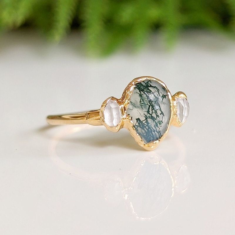 Moss Agate and Herkimer diamond engagement ring - Pear shape Moss Agate ring