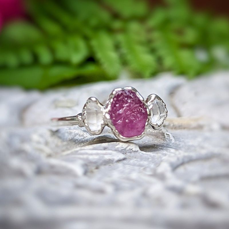 Raw pink Sapphire and Herkimer diamond engagement ring