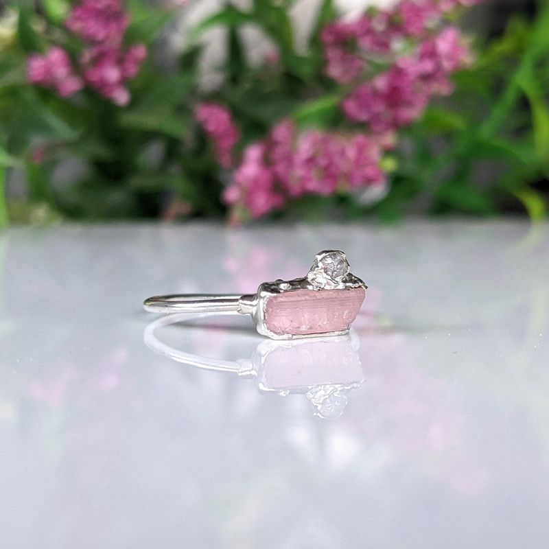 Raw pink tourmaline and rough diamond ring
