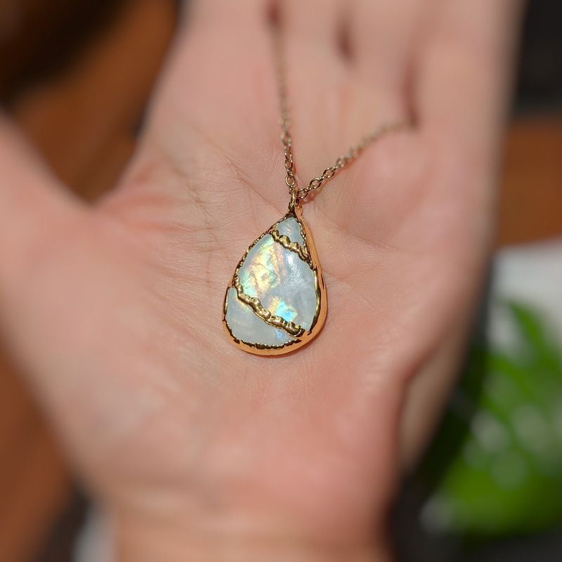 Rainbow Moonstone pendant, Large Moonstone necklace, Kintsugi necklace, Unique Crystal necklace Kintsugi jewelry 18k Gold Statement necklace