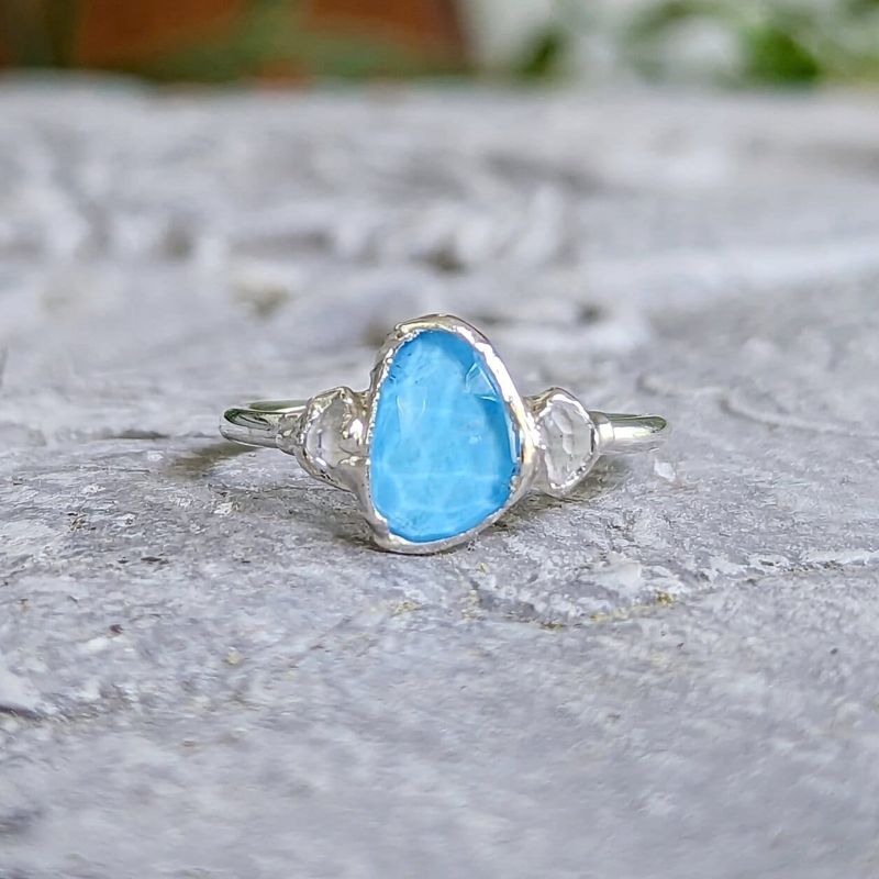 Blue Topaz and Herkimer diamond engagement ring in Sterling Silver