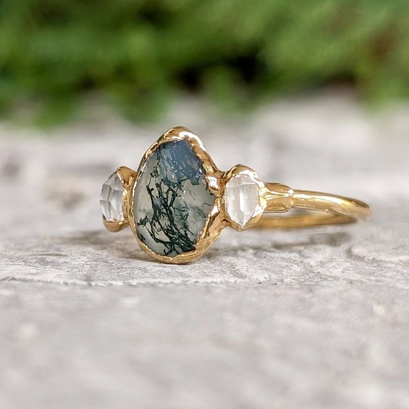 Moss Agate and Herkimer diamond engagement ring - Pear shape Moss Agate ring