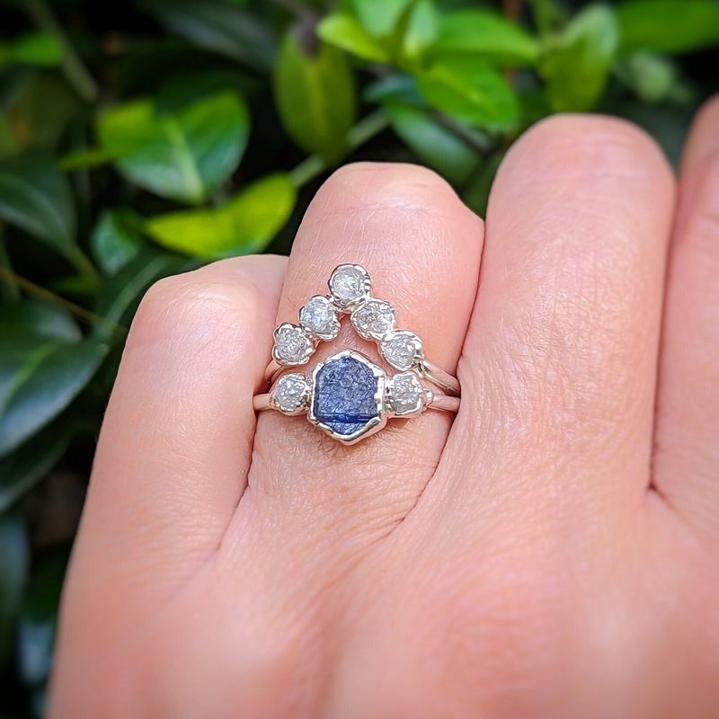 Raw Sapphire and diamond wedding ring set