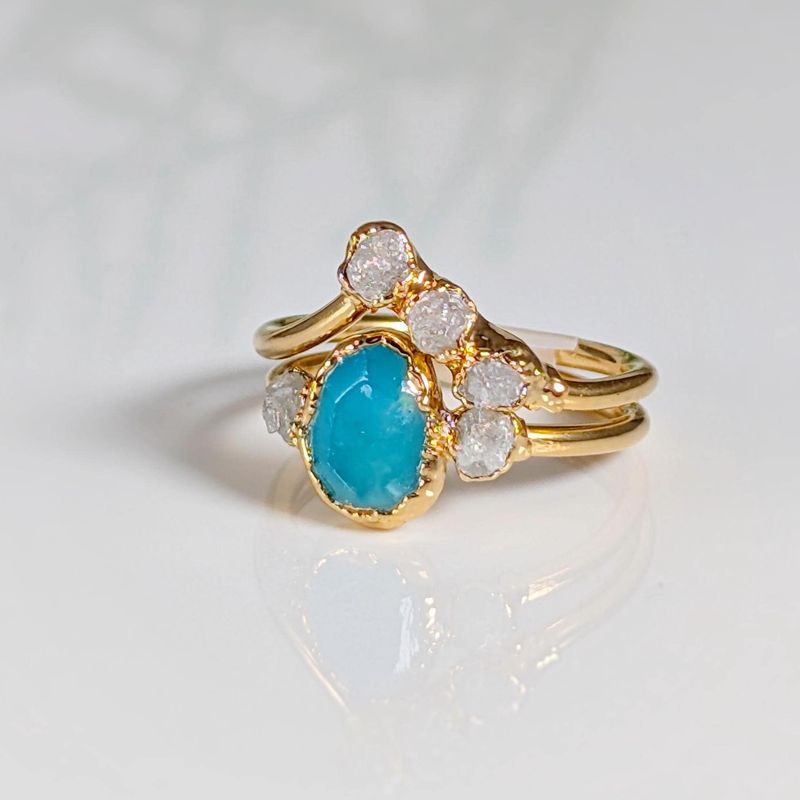 Raw Peruvian Opal and diamond engagement ring set