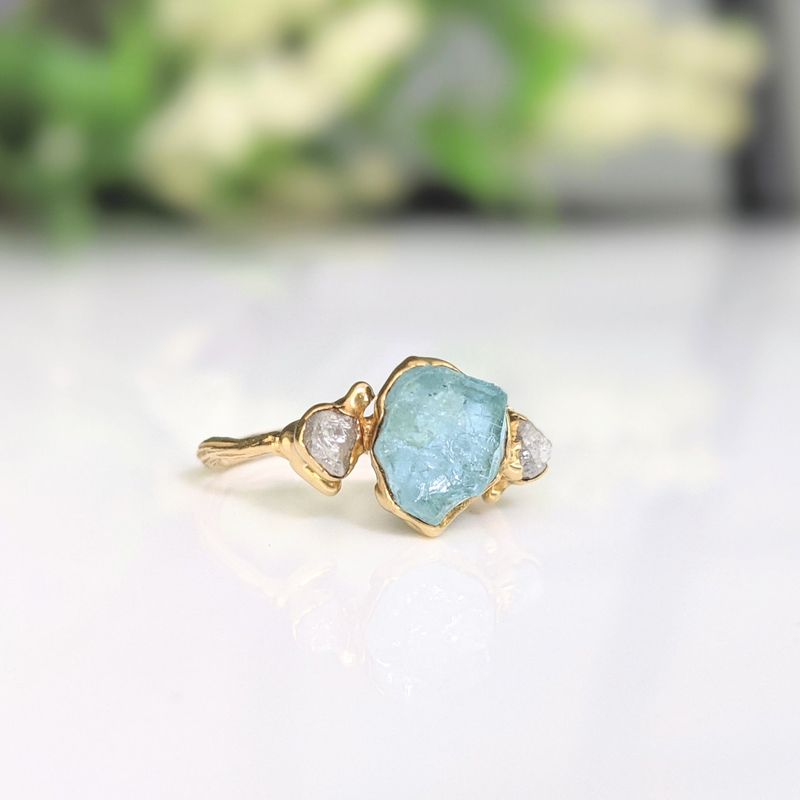 Bague brindille aigue-marine brute & diamants