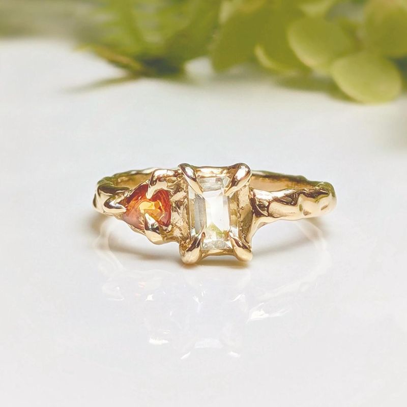 Heliodor and Orange Sapphire ring in Solid 14k Gold