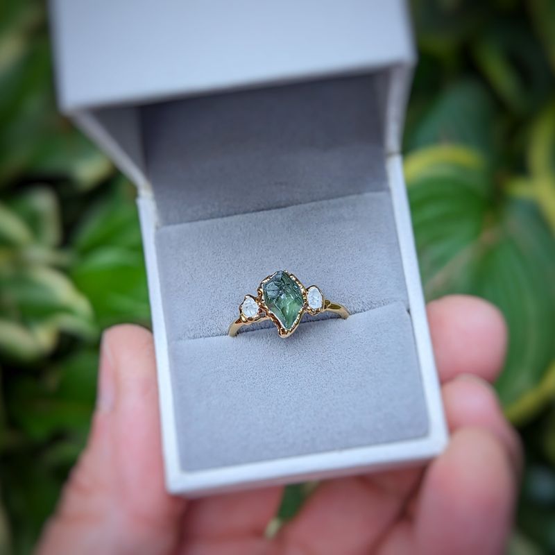Raw green Sapphire & Herkimer diamond engagement ring