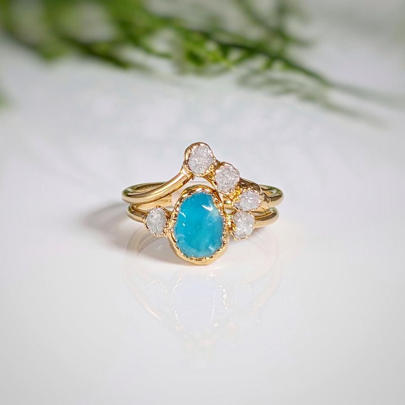 Raw Peruvian Opal and diamond engagement ring set