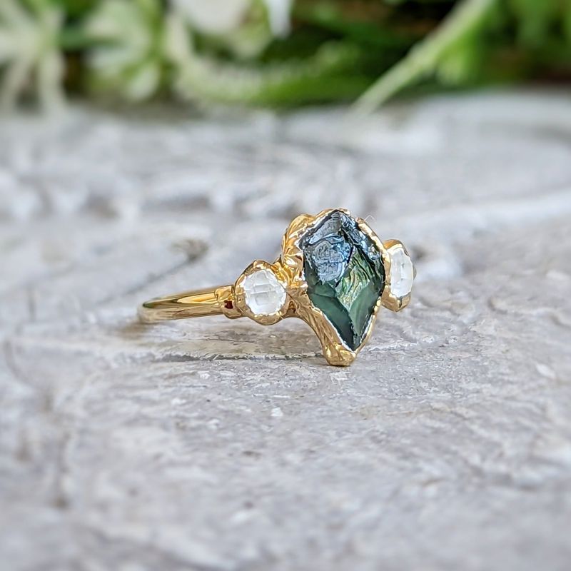 Raw green Sapphire & Herkimer diamond engagement ring