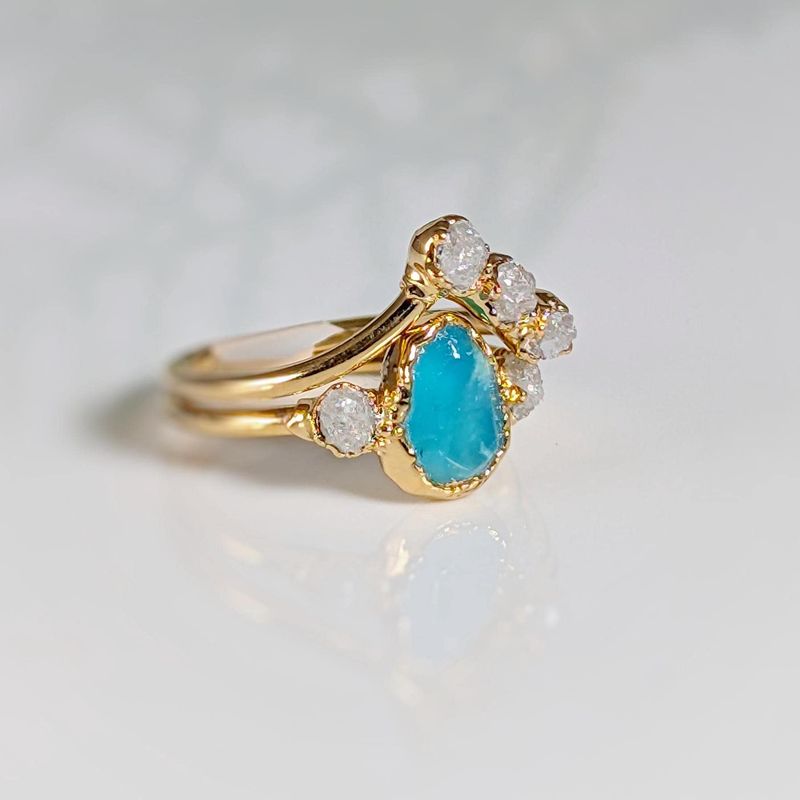 Raw Peruvian Opal and diamond engagement ring set