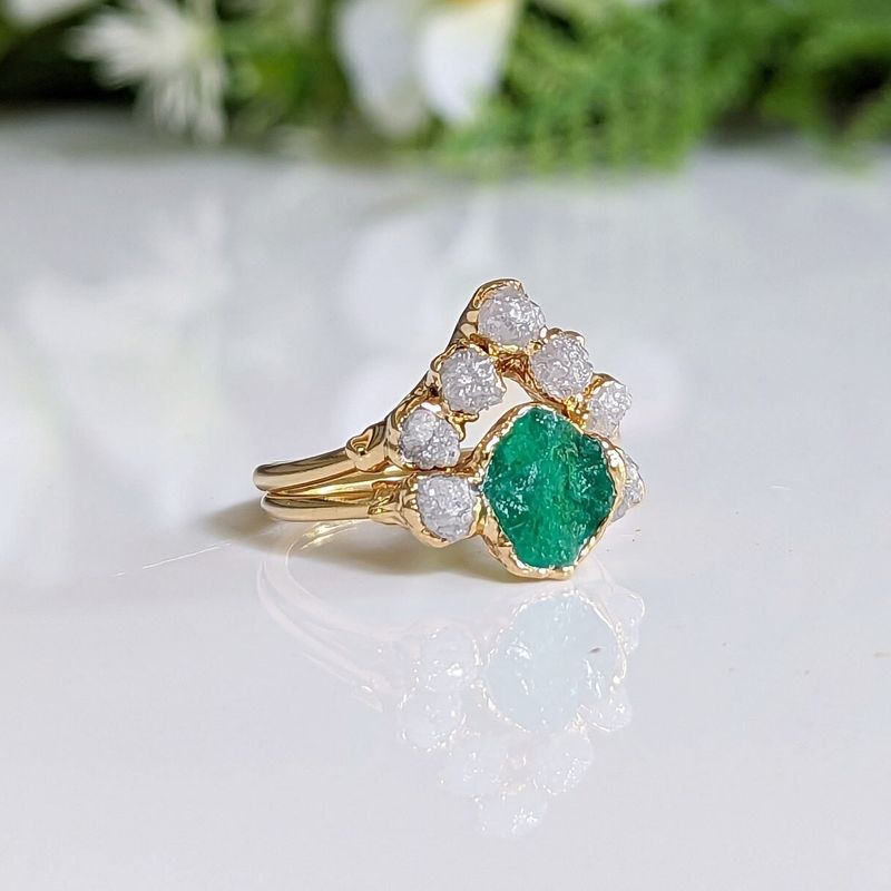 Raw Emerald and diamond Chevron bridal ring set