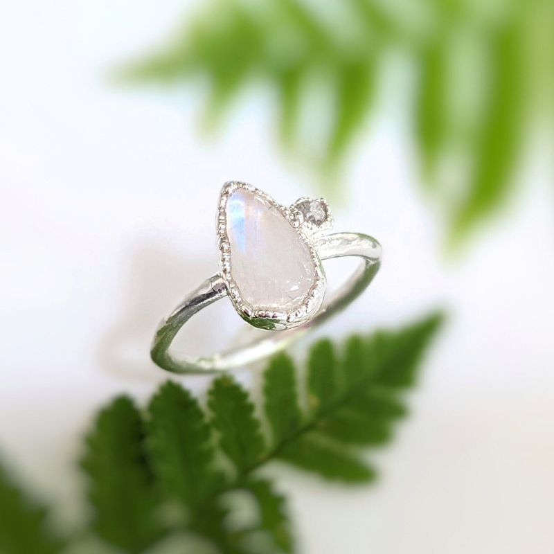 Rainbow Moonstone and raw diamond ring